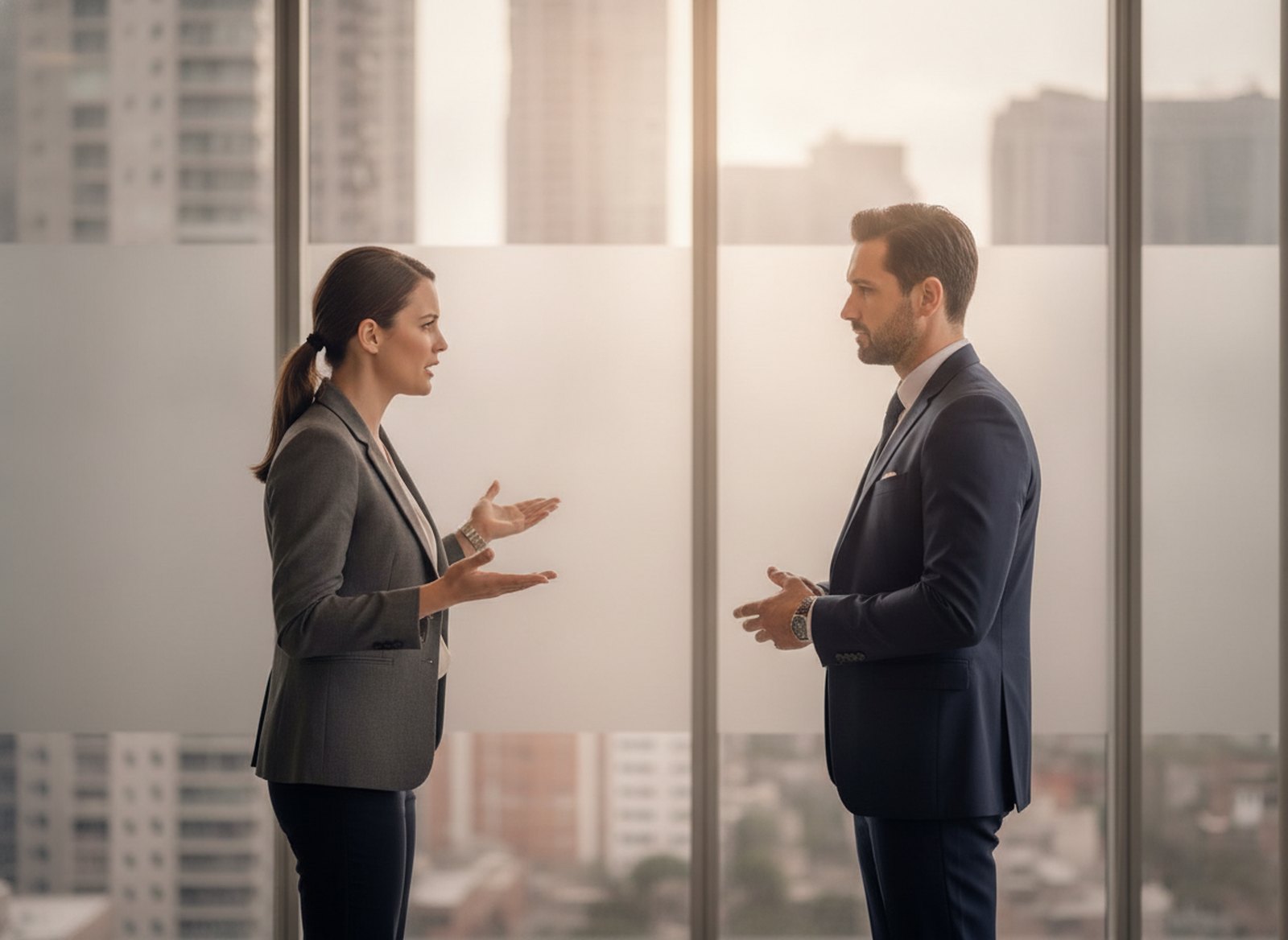 Colleagues working through a corporate dispute at a conference table